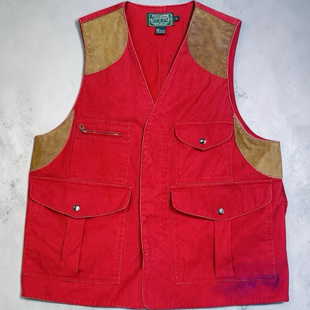 Ralph Lauren Country Vintage 90s Leather Hunting Field Vest Cargo Red M Utility